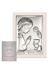 Obrazek srebrny Dziewczynka Pierwsza Komunia Święta na białym Drewnie - 11 x 15cm