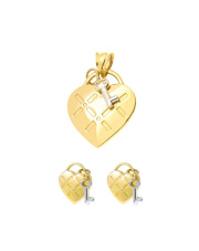 Komplet złoty - zawieszka i kolczyki z motywem serca z kluczykiem - pr.585