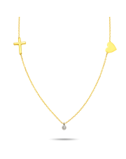 Złoty łańcuszek z brylantem 0,01ct, Krzyżyk i Serce pr. 585